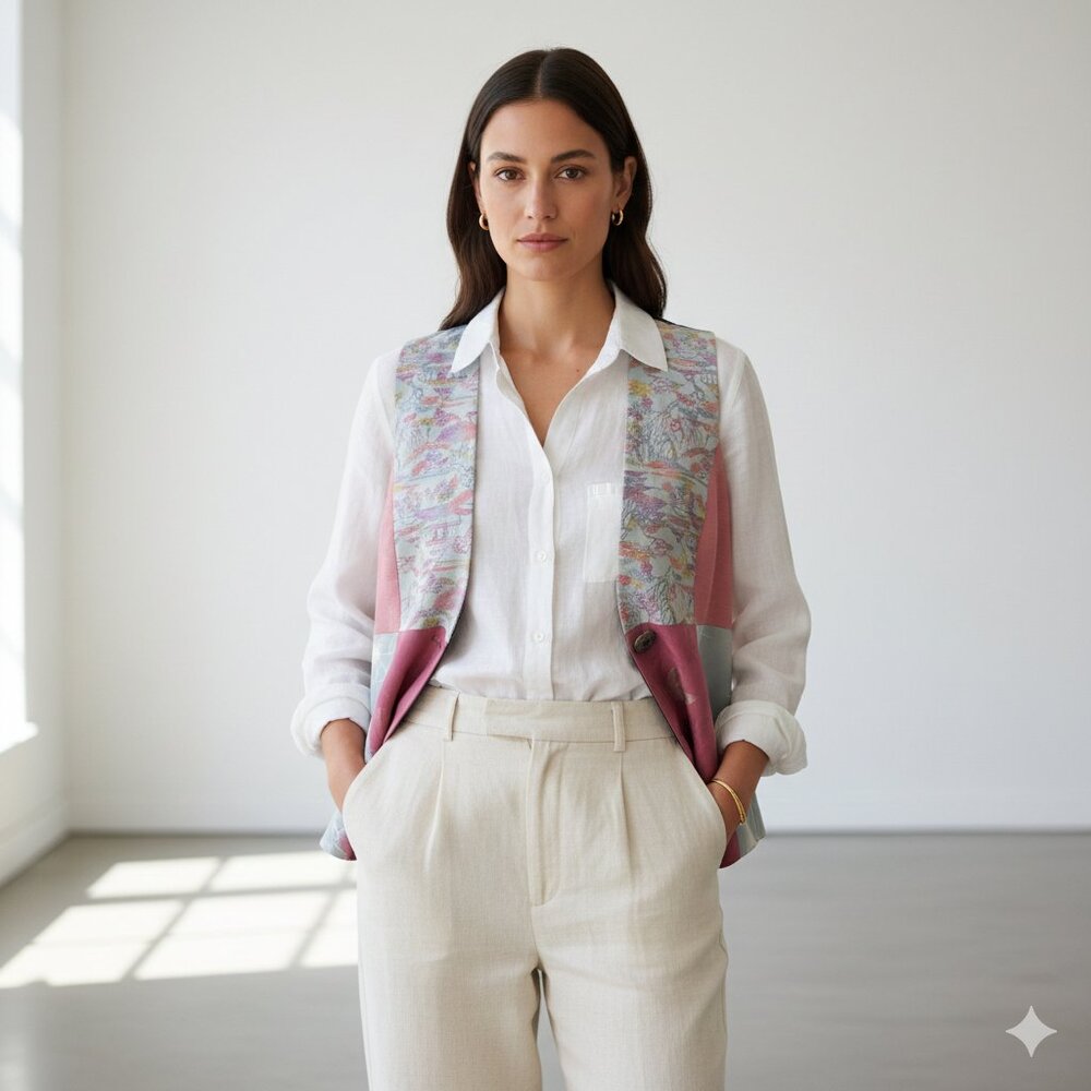 VINTAGE Yasuko 100% Silk Patchwork Vest Made in USA Size M/L